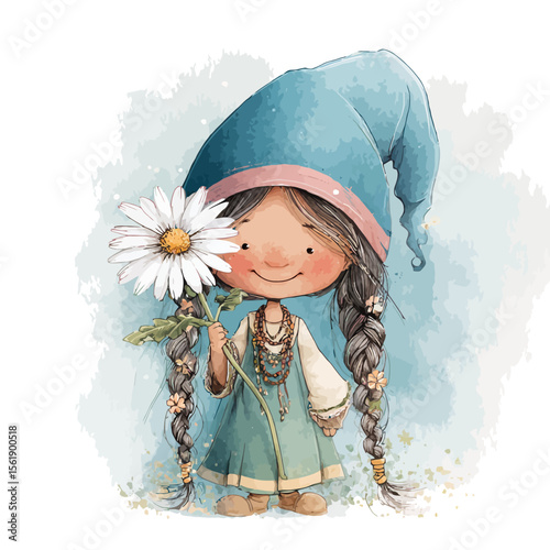 Little girl with a beautiful bouquet of winter flowers, smiling in the snow with a festive Christmas hat, radiating childhood happiness