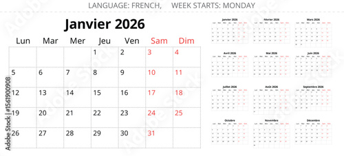 2026 year french page calendar planner. Vector paper page illustration for France - calendrier