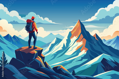 A lone hiker on a snowy mountain peak views the extreme winter landscape