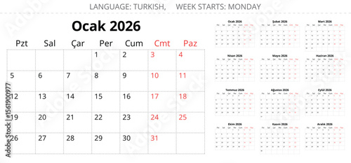 2026 year turkish calendar planner. Collection of 12 months. Vector illustration Turkey