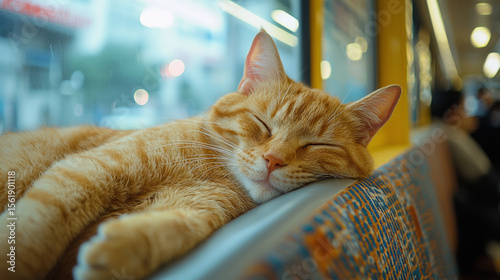A cute ginger cat naps on a bus seat by the window. The adorable tabby is resting peacefully during a calm city commute or journey.