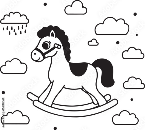 Silhouette of a toy rocking horse in black and white, surrounded by cloud shapes and cartoon elements, clean vector design Adobe Illustrator Artwork