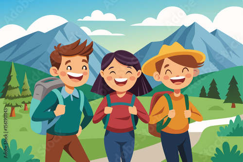 Happy cartoon family of four with two children playing in a summer park