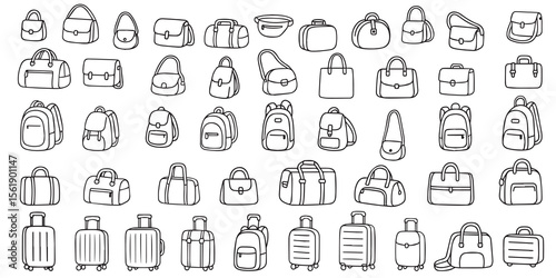 Set of line icons of bags, backpacks and suitcases. Luggage and luggage with wheels, backpack or satchel, ladies handbags in doodle style. Vector 