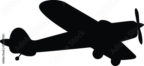 Silhouette of a single-engine propeller airplane with wings, tail, and landing gear.