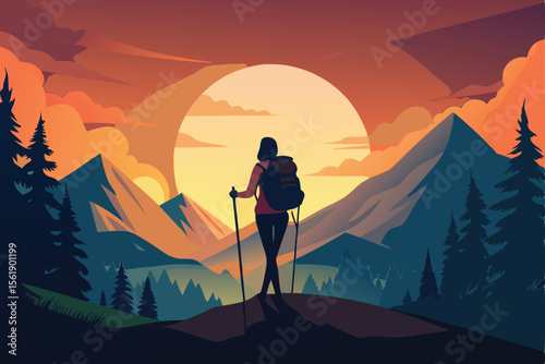 A solitary hiker stands silhouetted against a vibrant mountain sunset, capturing the adventurous spirit of nature's peak