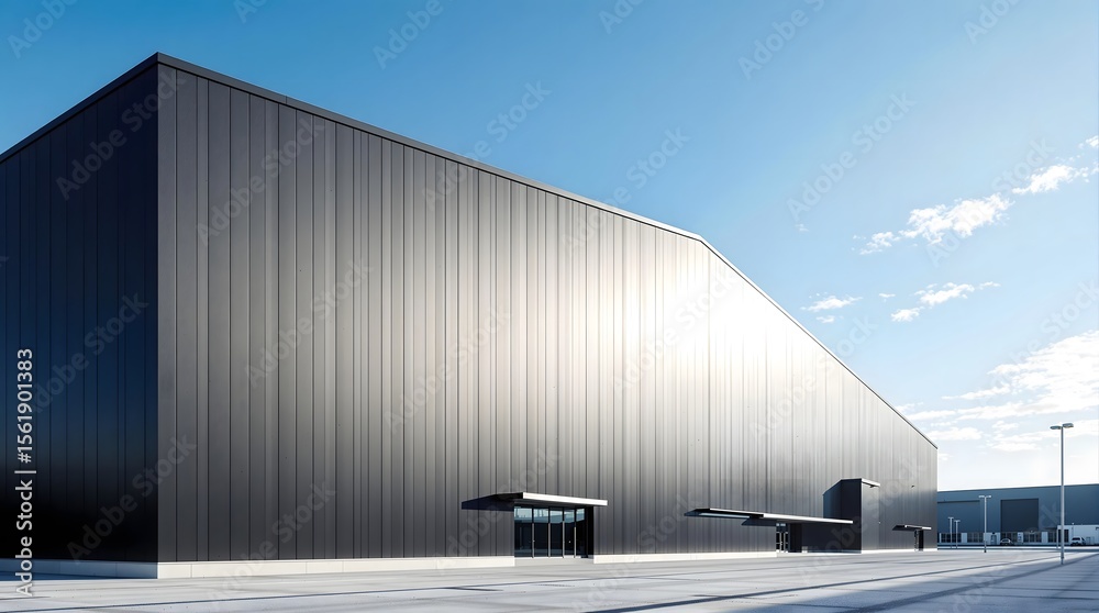 Obraz premium Modern industrial building with a sleek, dark facade under a bright blue sky.