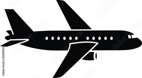 A simple black silhouette of a passenger jet airplane in flight.