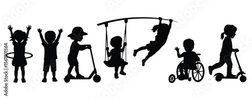 Silhouettes of children engage in various playful activities, showcasing childhood joy and active lifestyles outdoors.