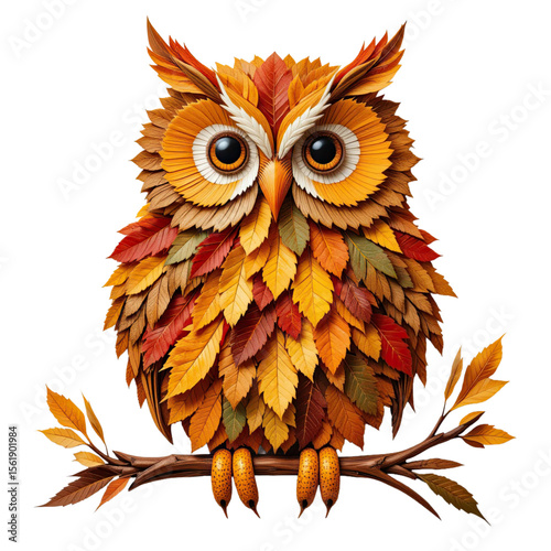 Colorful owl made of autumn leaves on a branch on transparent background