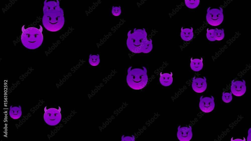 emoji face devil purple loop alpha channel animation, flying emoticons evil halloween motion design element	