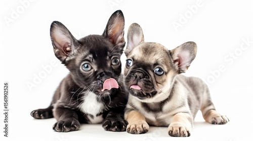 Adorable kitten and French Bulldog puppy on white background. Playful cat licking lips and big-eyed puppy looking curious. Space for your text or logo.