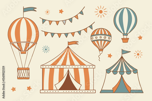 Whimsical circus elements including hot air balloons and tents with bunting