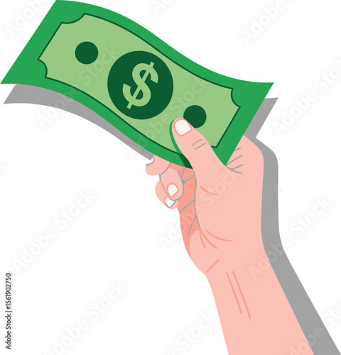 Hand Holding Wavy Green Dollar Bill with Shadow on White Background