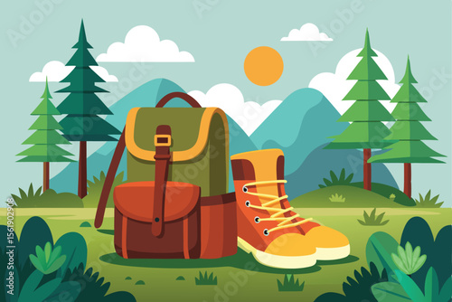 Cartoon illustration of boots for summer camping in a forest landscape with a river and green trees