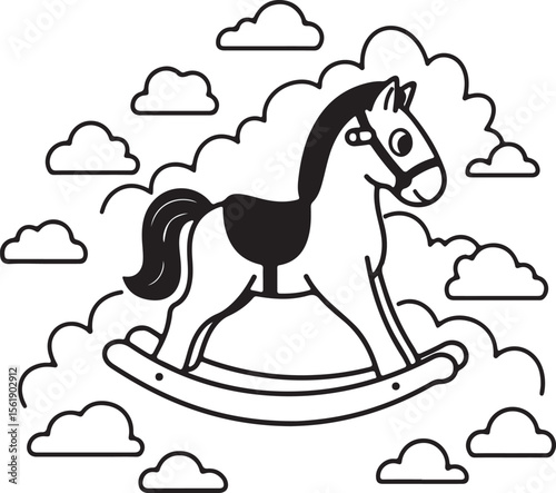 Silhouette of a toy rocking horse in black and white, surrounded by cloud shapes and cartoon elements, clean vector design Adobe Illustrator Artwork