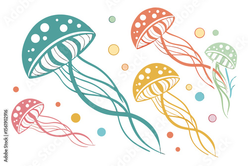 Colorful stylized jellyfish and bubbles floating in a white background