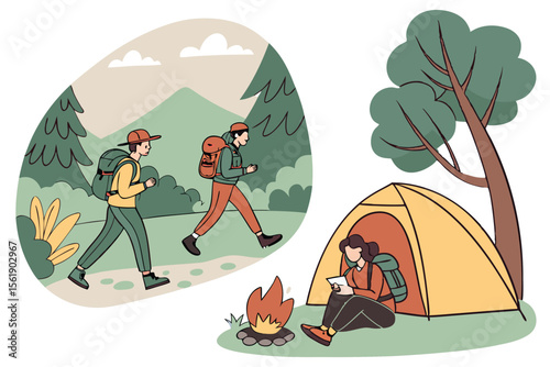 A fun summer camping illustration of people in a tent amidst a mountain forest landscape under a sky