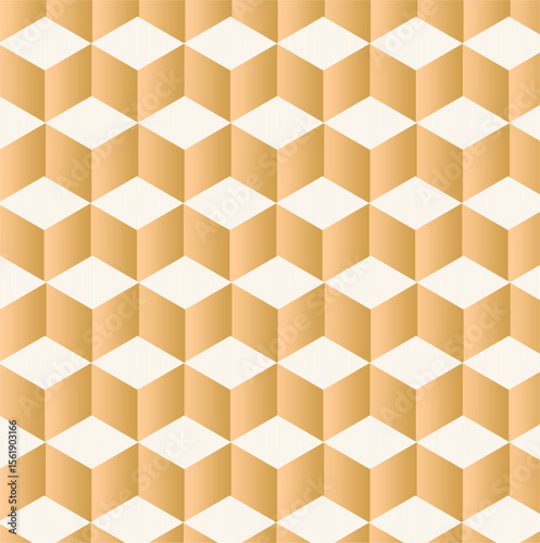 A seamless geometric pattern of hexagonal cubes in warm beige tones with alternating stripes, creating a 3D illusion and rhythmic architectural symmetry.