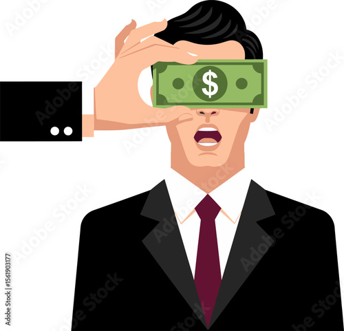 Blindfolded businessman with money covering his eyes representing financial corruption and greed