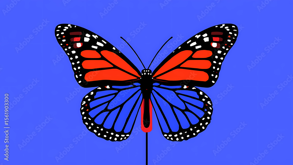 Fototapeta premium Illustration of colorful monarch butterfly with orange and blue wings on blue