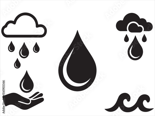 Collection of black water drop icons and weather symbols on white background