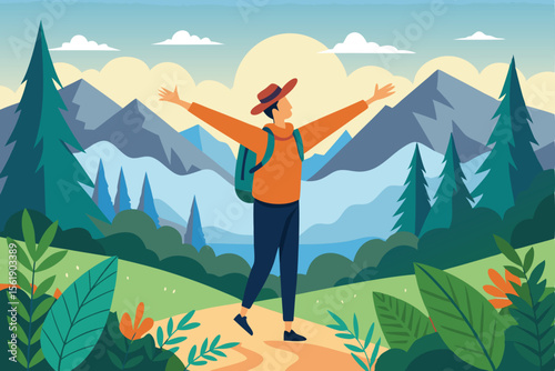 Woman hiker on a mountain peak, enjoying the summer landscape and sky view