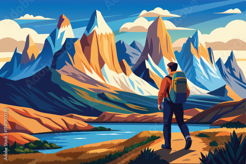 Summer sunset illuminates a vast mountain landscape with a serene lake, a beautiful vector illustration for nature and travel
