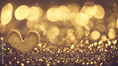 A glittering golden heart sits on a shimmering surface with a beautiful warm bokeh background. Concept of love, romance, and holiday celebration.