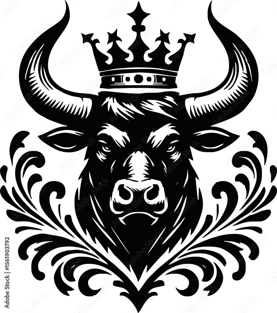 Obraz premium silhouette of head of a bull with a crown on black background