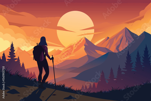 Golden sun dips behind mountain peaks, silhouetting a man against the vibrant sky, a serene summer landscape