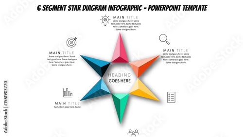 6 Segment Star Infographic with Icons and Text Areas – Editable PowerPoint Diagram Template. Fully editable modern infographic vector elements SVG file compatible with PowerPoint.