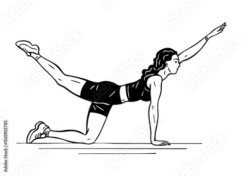 Young girl doing fitness. Doing gymnastic exercise. Taking care of health and beauty of figure. Body care. Physical activity. Vector black and white art illustration. Hand drawn outline