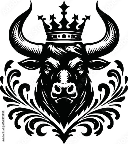 silhouette of head of a bull with a crown on black background