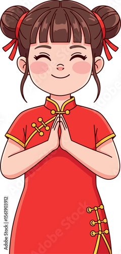 Happy Asian Girl Wearing Traditional Red Dress Greeting with a Smile