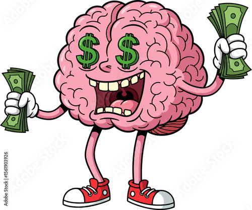 Anthropomorphic Brain Character Excitedly Holding Money and Showing Dollar Sign Eyes