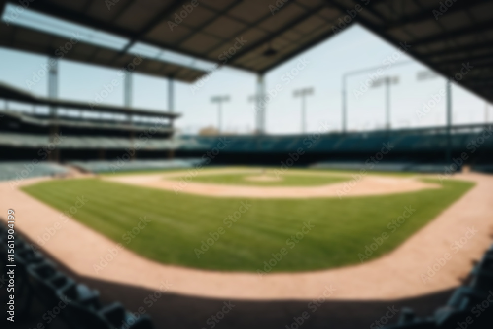 Fototapeta premium Blurry photo of a baseball field, inside a magnificent stadium with no people in sight.