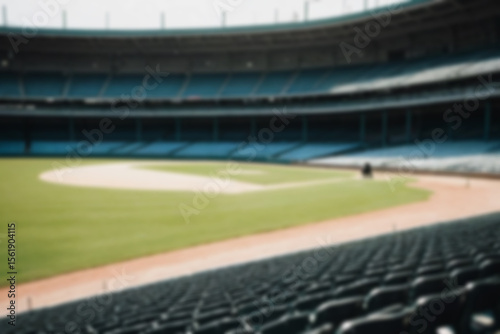 Blurry photo of a baseball field, inside a magnificent stadium with no people in sight.