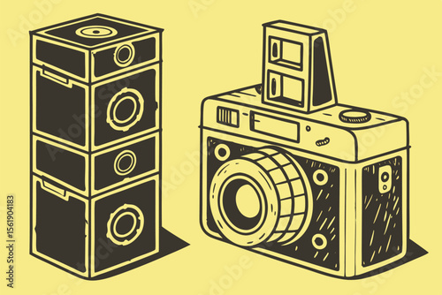 Retro camera with flash and stack of vintage film boxes on yellow background