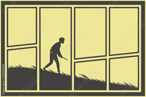 Silhouette of a man walking across a grassy hill through a large window