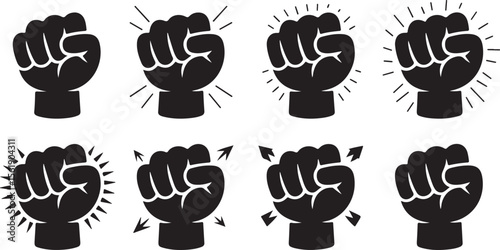 Collection of eight black fist icons with radiating lines and arrows silhouette