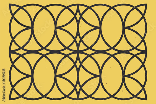 Geometric pattern of interlocking circles and diamonds on a yellow background
