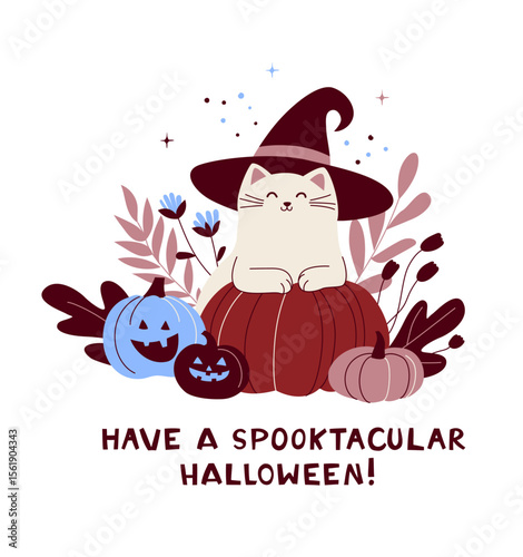 Cute Halloween Cat with Witch Hat and Pumpkins Cozy Fall Greeting Card. Have a Spooktacular Halloween Funny Card. Kitty with Pumpkin and Leaves. Flat Autumn Vector Illustration