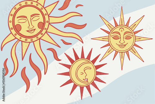 Three stylized celestial bodies sun and moon with faces in a whimsical drawing style