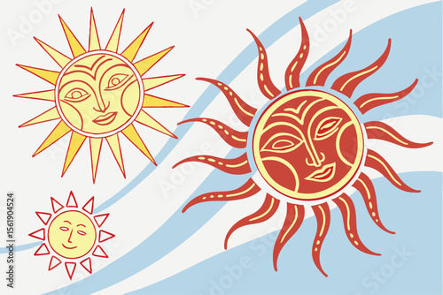 Three stylized suns with faces in yellow and red on a light blue background