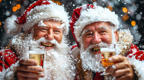 Two joyful men in Santa costumes, celebrating with drinks in hand, surrounded by falling snowflakes and festive lights, embodying the spirit of holiday cheer and camaraderie