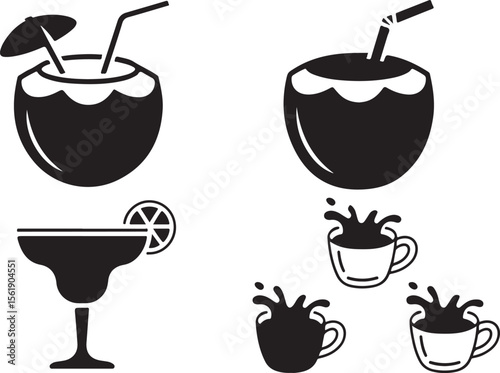 Tropical coconut drinks and margarita cocktail with splashing coffee cups silhouette