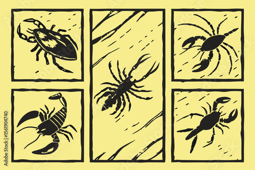 Collection of stylized black scorpion and crab illustrations on a yellow background