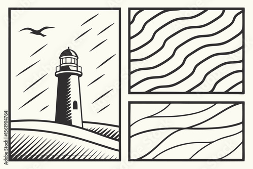 Stylized lighthouse scene with abstract wave patterns in a triptych layout