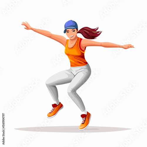 Dynamic Female Parkour Athlete in Mid-Air Jump Action Pose Vector Illustration